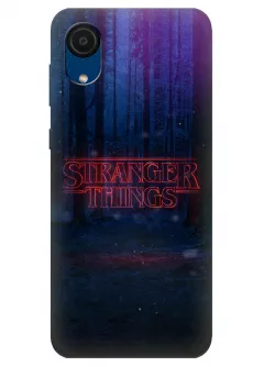 Чехол-накладка для Гелекси А03 Кор из силикона - Очень странные дела Stranger Things красное название на фоне ночного леса