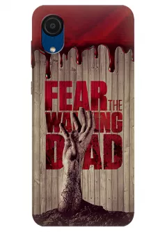 Чехол-накладка для Гелекси А03 Кор из силикона - Ходячие мертвецы The Walking Dead кровавый постер с названием и рукой зомби в деревянном стиле