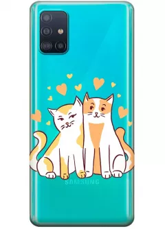 Чехол из прозрачного силикона на Galaxy A51 с влюбленными котиками