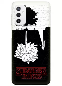Бампер для Самсунг М52 из силикона - Очень странные дела Stranger Things красное название и черно-белый постер с миром главных героев и параллельным миром