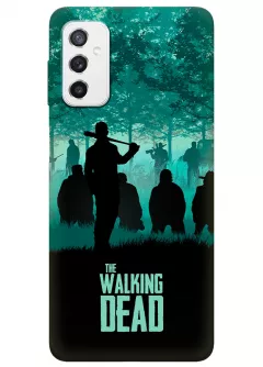 Чехол-накладка для Самсунг М52 из силикона - Ходячие мертвецы The Walking Dead бирюзово-черный постер с главными героями в окружении противников в лесу