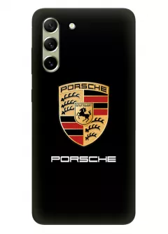 Гелекси С21 ФЕ чехол силиконовый - Porsche Порше Порш классический логотип крупным планом и название на черном фоне черный чехол