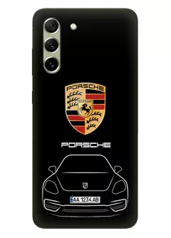 Гелекси С21 ФЕ чехол силиконовый - Porsche Порше Порш логотип и автомобиль машина 718 Boxster Cayman 911 Panamera Taycan Speedster 918 Spyder Cayman Carrera GT вектор-арт купе седан с номерным знаком на черном фоне черный чехол