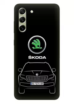 Гелекси С21 ФЕ чехол силиконовый - Skoda Шкода логотип и автомобиль машина Karoq  Kodiaq Kamiq вектор-арт кроссовер внедорожник с номерным знаком на черном фоне черный чехол
