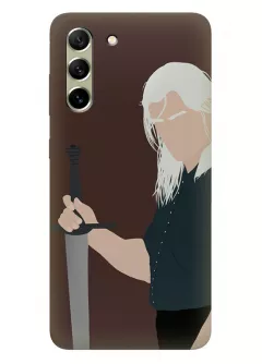 Чехол-накладка для Самсунг С21 ФЕ из силикона - Ведьмак сериал Нетфликс The Witcher Netflix Serial Геральт из Ривии Генри Кавилл держит меч крупным планом вектор-арт коричневый чехол