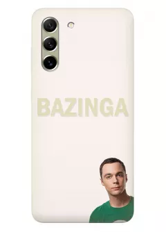 Samsung S21 FE чехол силиконовый - Теория Большого взрыва The Big Bang Theory Bazinga и выглядывающий снизу Шелдон Купер белый чехол