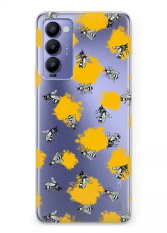 Чехол для Tecno Camon 18 / Camon 18P с нарисованными пчелами на прозрачном силиконе