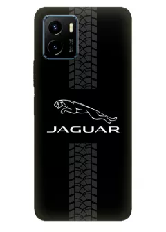 Чехол для Vivo Y15s из силикона - Jaguar Ягуар белый логотип крупным планом и следы шин колеса