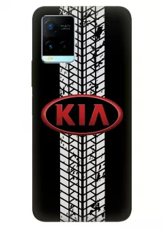 Чехол для Vivo Y21 из силикона - Kia Киа Кия красный классический логотип крупным планом и следы шин колеса на черном фоне черный чехол