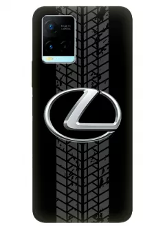 Чехол для Vivo Y21 из силикона - Lexus Лексус классический логотип крупным планом и следы шин колеса на черном фоне черный чехол
