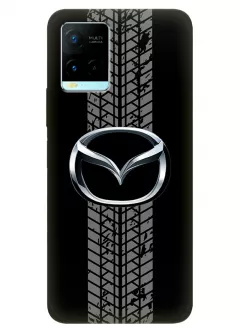 Чехол для Vivo Y21 из силикона - Mazda Мазда классический логотип крупным планом и следы шин колеса на черном фоне черный чехол