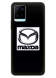 Чехол для Vivo Y21 из силикона - Mazda Мазда белый логотип крупным планом и название вектор-арт на черном фоне черный чехол