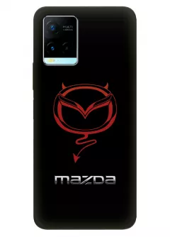 Чехол для Vivo Y21 из силикона - Mazda Мазда красный дьявольский логотип крупным планом и название на черном фоне черный чехол