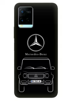 Чехол для Vivo Y21 из силикона - Mercedes-Benz Мерседес-Бенц Мерс логотип и автомобиль машина G-Class G-Класс вектор-арт кроссовер внедорожник с номерным знаком на черном фоне черный чехол