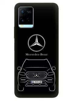 Чехол для Vivo Y21 из силикона - Mercedes-Benz Мерседес-Бенц Мерс логотип и автомобиль машина GL GLA GLB GLC GLE GLS вектор-арт кроссовер внедорожник с номерным знаком на черном фоне черный чехол