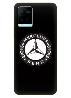 Чехол для Vivo Y21 из силикона - Mercedes-Benz Мерседес-Бенц Мерс белый ретро логотип крупным планом вектор-арт на черном фоне черный чехол (Дизайн 1)