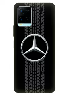 Чехол для Vivo Y21 из силикона - Mercedes-Benz Мерседес-Бенц Мерс классический логотип крупным планом и следы шин колеса на черном фоне черный чехол