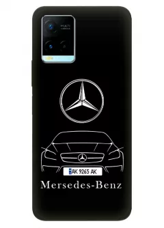 Бампер для Vivo Y21 из силикона - Mercedes-Benz Мерседес-Бенц Мерс логотип и автомобиль машина A/B/C/CLA/CL/CLK/CLS/E/S/SL/SLC/SLK-Class вектор-арт купе седан с номерным знаком на черном фоне черный чехол (Дизайн 1)