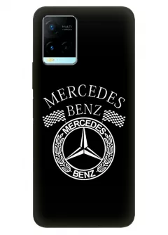 Бампер для Vivo Y21 из силикона - Mercedes-Benz Мерседес-Бенц Мерс белый ретро логотип крупным планом вектор-арт на черном фоне черный чехол (Дизайн 2)
