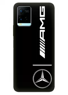 Бампер для Vivo Y21 из силикона - Mercedes-Benz Мерседес-Бенц Мерс белый логотип и AMG и название крупным планом вектор-арт на черном фоне черный чехол