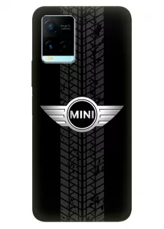 Бампер для Vivo Y21 из силикона - Mini Мини классический логотип крупным планом и следы шин колеса на черном фоне черный чехол
