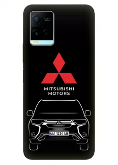 Бампер для Vivo Y21 из силикона - Mitsubishi Мицубиси Митсубиши логотип и автомобиль машина ASX Outlander Pajero Sport Challenger Montero вектор-арт кроссовер внедорожник с номерным знаком на черном фоне черный чехол