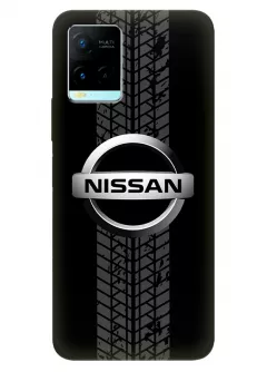 Наладка для Vivo Y21 из силикона - Nissan Ниссан классический логотип крупным планом и следы шин колеса на черном фоне черный чехол