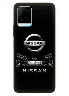 Наладка для Vivo Y21 из силикона - Nissan Ниссан классический логотип крупным планом с номерным знаком и передней частью кузова на черном фоне черный чехол