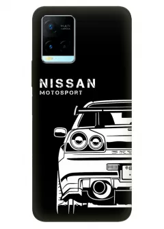 Наладка для Vivo Y21 из силикона - Nissan Ниссан GTR Motorsport и ракурс белой машины сзади вектор-арт на черном фоне черный чехол