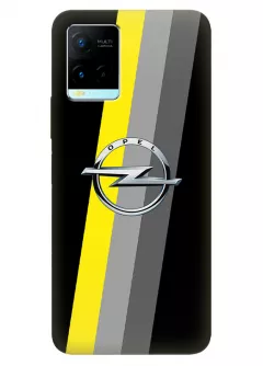 Наладка для Vivo Y21 из силикона - Opel Опель классический логотип крупным планом с лентой по диагонали на черном фоне черный чехол