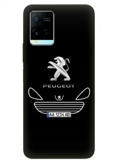 Наладка для Vivo Y21 из силикона - Peugeot Пежо классический логотип крупным планом с номерным знаком и передней частью кузова на черном фоне черный чехол (Дизайн 1)