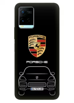 Виво У21 чехол силиконовый - Porsche Порше Порш логотип и автомобиль машина Cayenne Macan вектор-арт кроссовер внедорожник с номерным знаком на черном фоне черный чехол