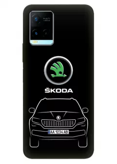 Виво У21 чехол силиконовый - Skoda Шкода логотип и автомобиль машина Karoq  Kodiaq Kamiq вектор-арт кроссовер внедорожник с номерным знаком на черном фоне черный чехол