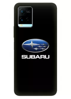 Виво У21 чехол из силикона - Subaru Субару классический логотип крупным планом и название на черном фоне черный чехол