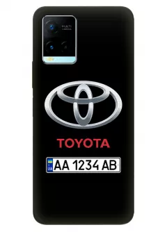 Чехол для Виво У21 из силикона - Toyota Тойота классический логотип крупным планом с номерным знаком и названием на черном фоне черный чехол