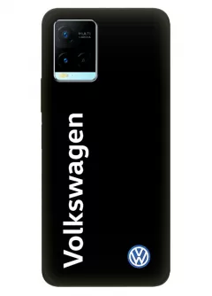 Бампер для Виво У21 из силикона - Volkswagen Фольксваген классический логотип и название крупным планом на черном фоне черный чехол