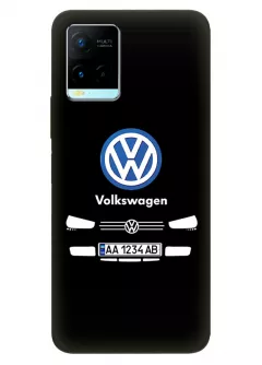 Бампер для Виво У21 из силикона - Volkswagen Фольксваген классический логотип крупным планом с номерным знаком и передней частью кузова на черном фоне черный чехол (Дизайн 1)