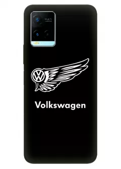Бампер для Виво У21 из силикона - Volkswagen Фольксваген белый логотип крупным планом и название вектор-арт  на черном фоне черный чехол
