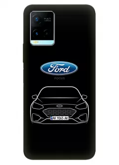 Vivo Y21s чехол из силикона - Ford Форд логотип и автомобиль машина Escort Falcon Fiesta Focus Fusion Mondeo Taurus вектор-арт купе седан с номерным знаком на черном фоне черный чехол