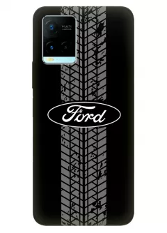 Vivo Y21s чехол из силикона - Ford Форд черно-белый логотип и следы шин колеса вектор-арт на черном фоне черный чехол