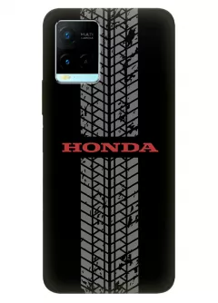 Vivo Y21s чехол из силикона - Honda Хонда красное название и следы шин колеса вектор-арт на черном фоне черный чехол