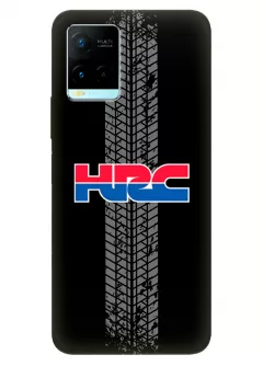 Vivo Y21s чехол из силикона - Honda Хонда логотип HRC красное-синее название и следы шин колеса вектор-арт на черном фоне черный чехол