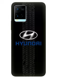 Vivo Y21s чехол из силикона - Hyundai Хендай Хюндай классический логотип с синим названием и следы шин колеса на черном фоне черный чехол