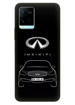 Vivo Y21s чехол из силикона - Infiniti Инфинити логотип и автомобиль машина Q30 QX30 Q50 QX55 вектор-арт купе седан с номерным знаком на черном фоне черный чехол