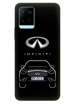 Vivo Y21s чехол из силикона - Infiniti Инфинити логотип и автомобиль машина EX FX JX QX QX60 QX70 QX80 вектор-арт кроссовер внедорожник с номерным знаком на черном фоне черный чехол (Дизайн 1)