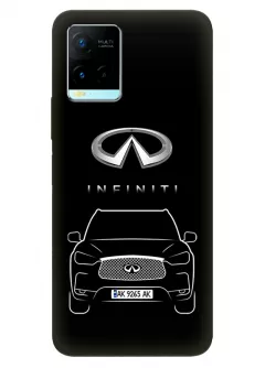 Vivo Y21s чехол из силикона - Infiniti Инфинити логотип и автомобиль машина EX FX JX QX QX60 QX70 QX80 вектор-арт кроссовер внедорожник с номерным знаком на черном фоне черный чехол (Дизайн 2)