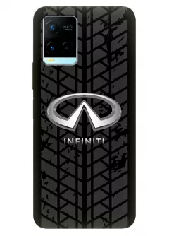 Vivo Y21s чехол из силикона - Infiniti Инфинити классический логотип крупным планом и следы шин колеса на черном фоне черный чехол
