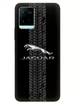 Vivo Y21s чехол из силикона - Jaguar Ягуар классический логотип крупным планом и следы шин колеса на черном фоне черный чехол