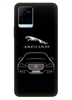 Чехол для Vivo Y21s из силикона - Jaguar Ягуар логотип и автомобиль машина F-Type I-Pace X-Type XF XE XK XJ вектор-арт купе седан с номерным знаком на черном фоне черный чехол