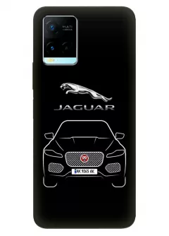 Чехол для Vivo Y21s из силикона - Jaguar Ягуар логотип и автомобиль машина F-Pace E-Pace I-Pace вектор-арт кроссовер внедорожник с номерным знаком на черном фоне черный чехол